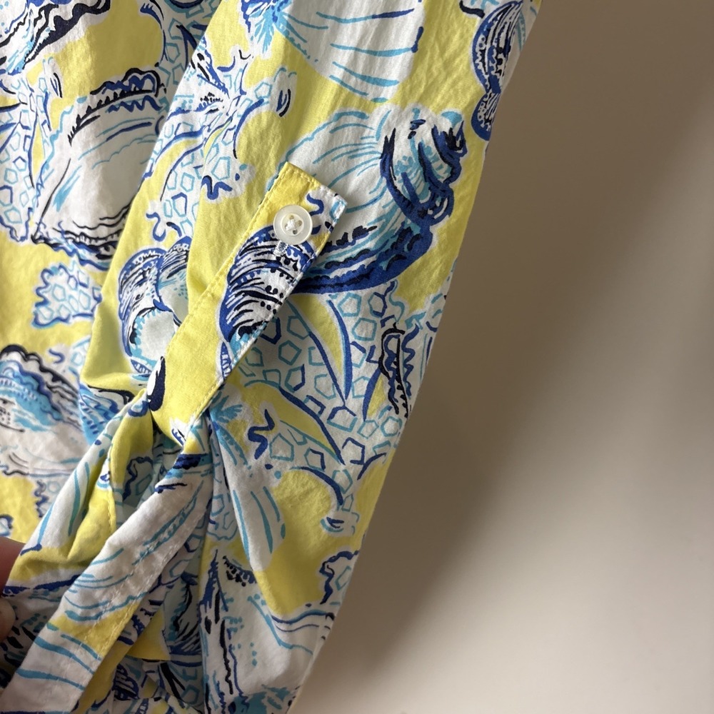 Talbots Seashell Print Top Womens Plus 1X Yellow Blue Lace Up Neck Coastal - Picture 3 of 11